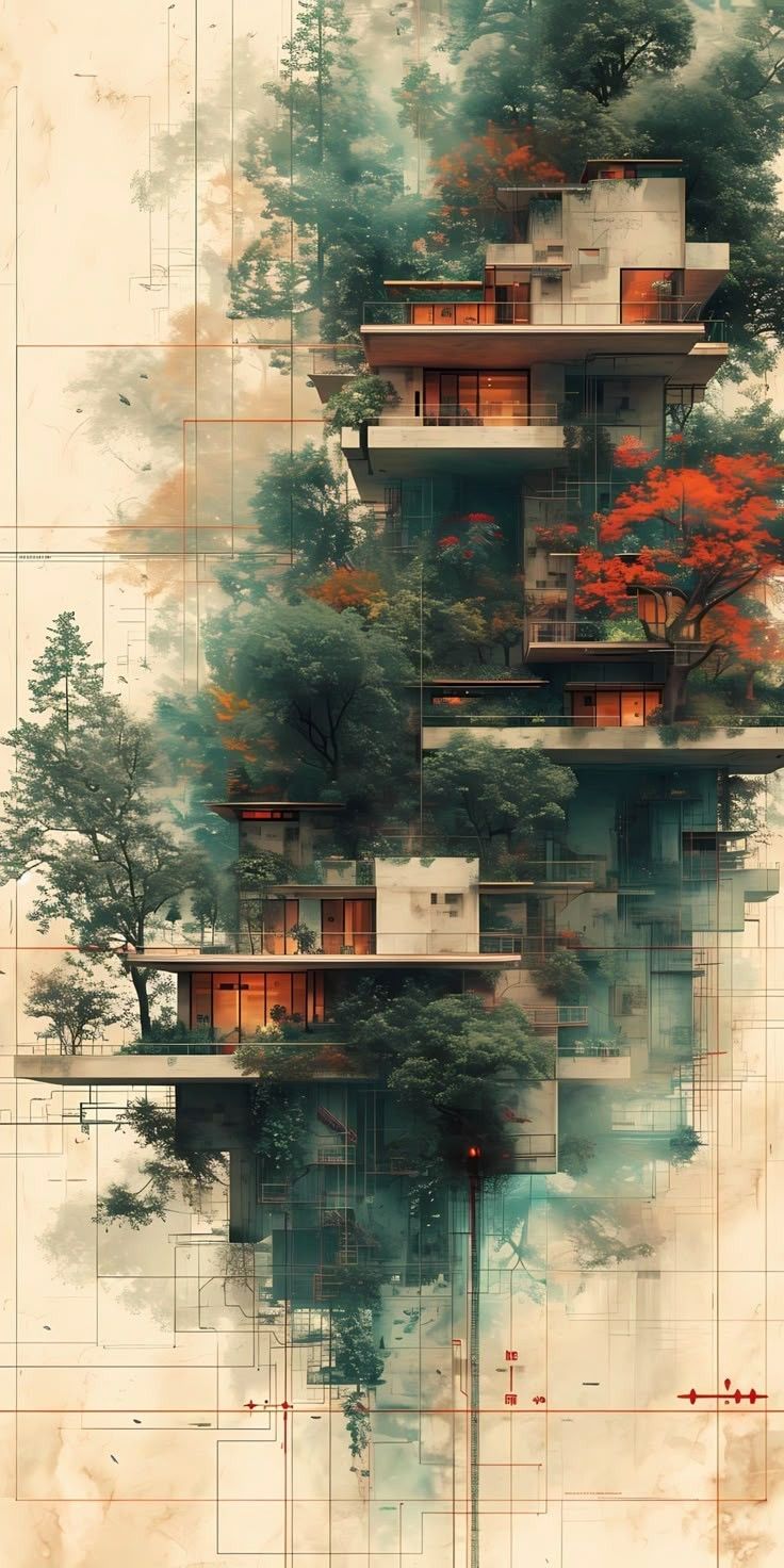 Modern Architecture Forest Integration Wallpaper – Contemporary Building Design Art